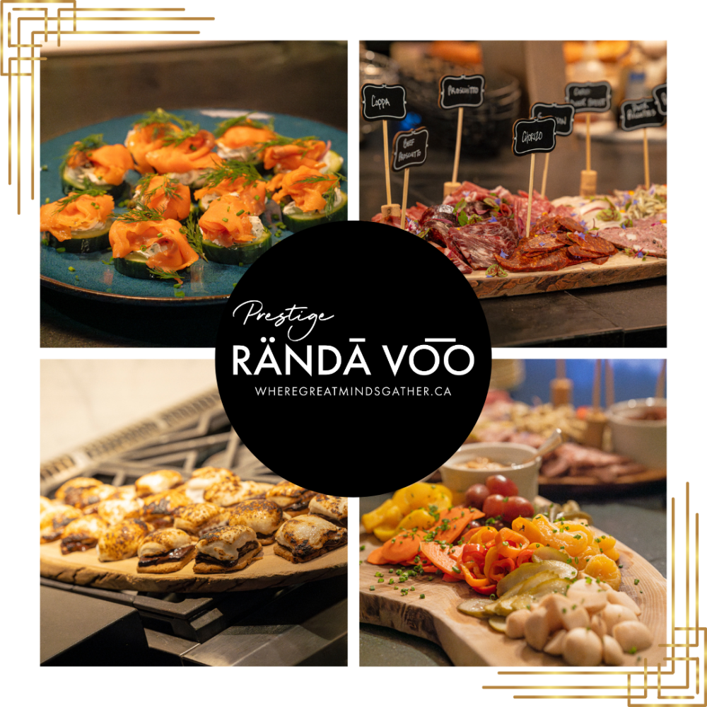 RÄNDĀ VO͞O Prestige culinary collage featuring canapés, charcuterie, toasted bites and fresh vegetables.