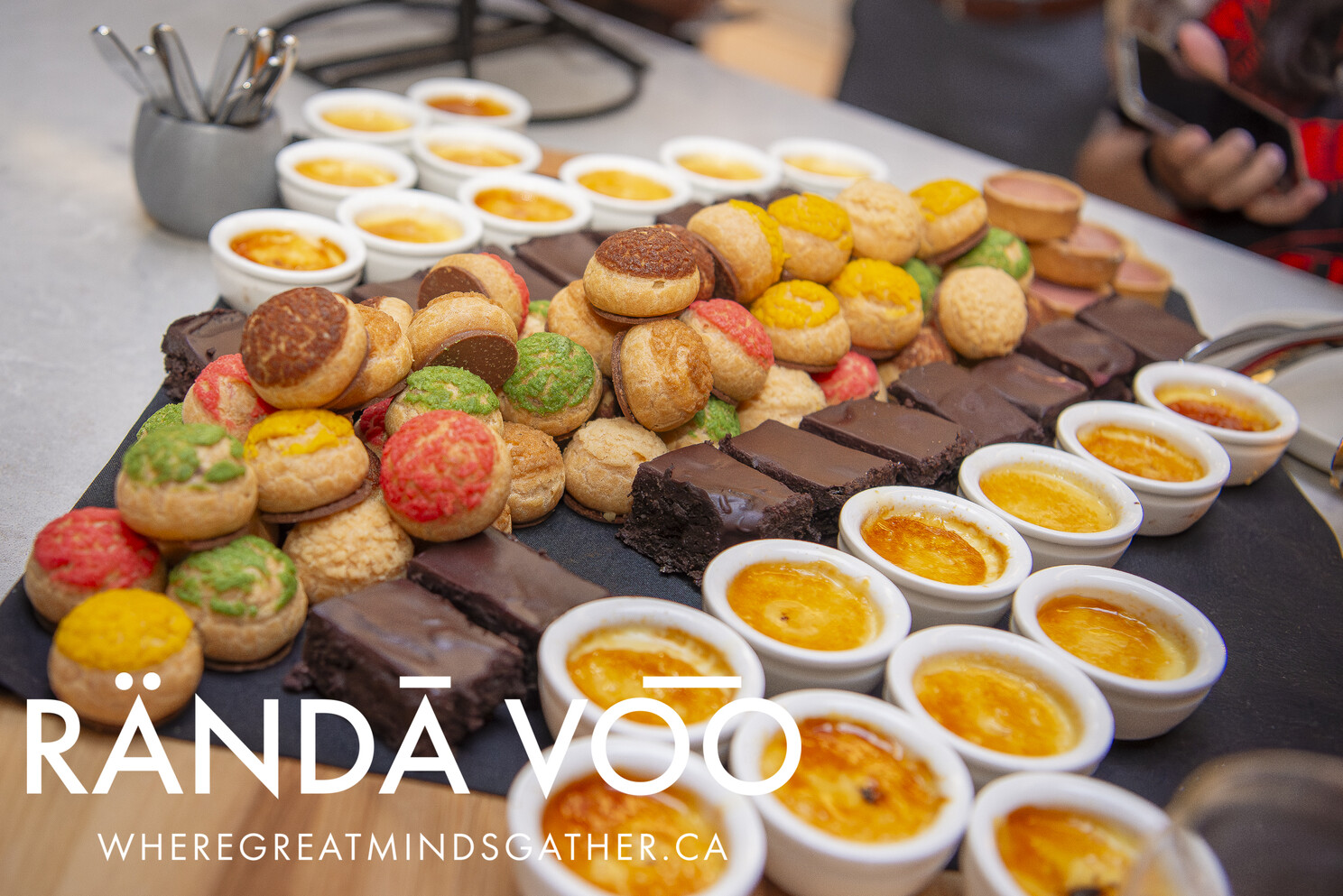 A dessert display with colourful pastries, chocolate cakes and custards.