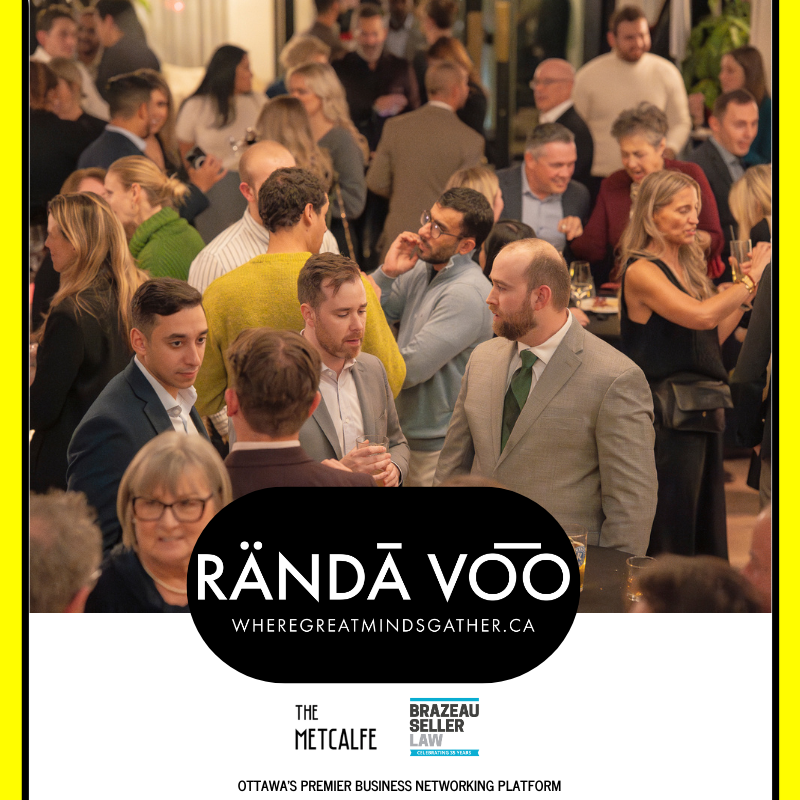 Guests in conversation at the grand finale, with RÄNDĀ VO͞O, The Metcalfe, and Brazeau Seller Law branding.