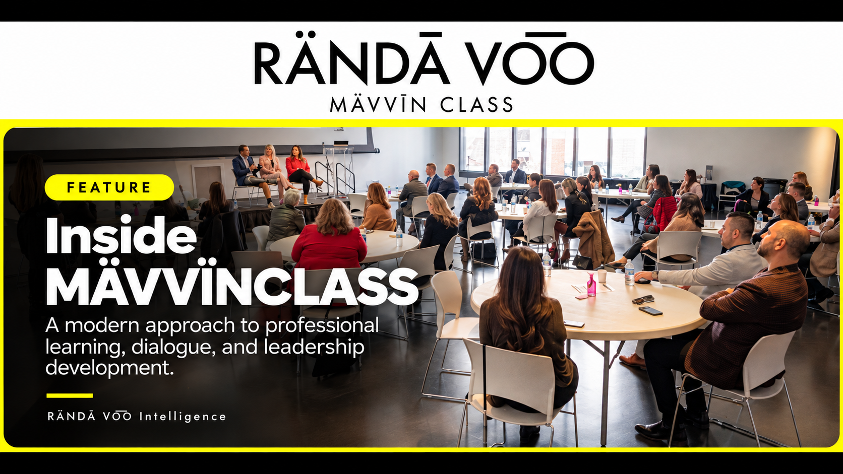 Inside MÄVVĪNCLASS: A modern approach to professional learning, dialogue, and leadership development. Guests gathered at round tables beneath RÄNDĀ VO͞O branding.