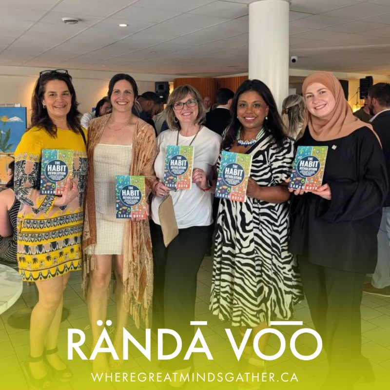 Five guests holding copies of The Habit Revolution at Parlour, with RÄNDĀ VO͞O branding.