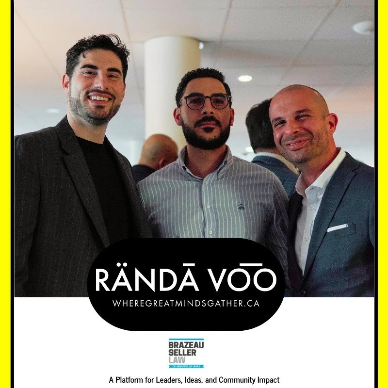 Three guests posing together at Parlour, framed by RÄNDĀ VO͞O and Brazeau Seller Law branding.