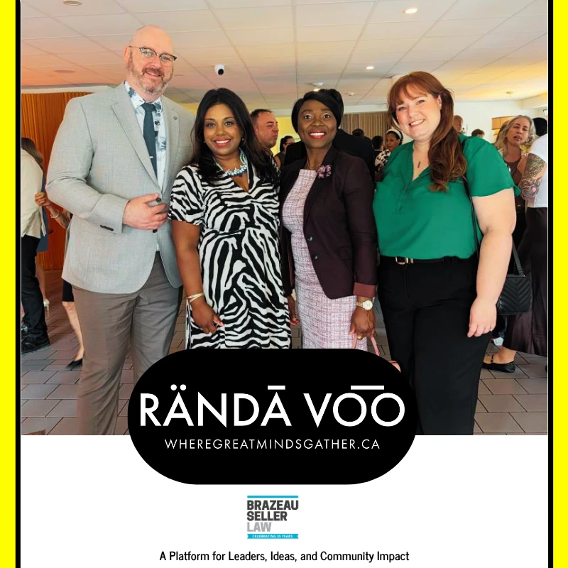 Four guests posing together at Parlour, framed by RÄNDĀ VO͞O and Brazeau Seller Law branding.